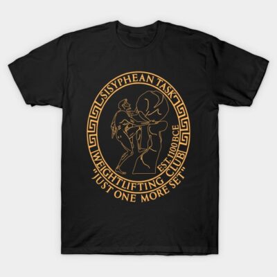 Black t-shirt with vintage gold weightlifting club graphic, featuring Greek-inspired design. Ideal for gym enthusiasts.