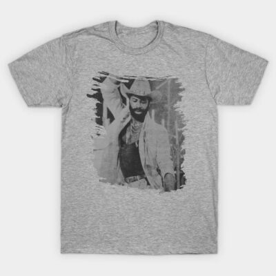 Gray graphic t-shirt featuring vintage cowboy print, casual style, soft cotton material, perfect for everyday wear.