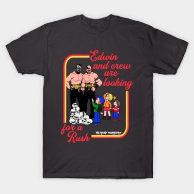 Black graphic t-shirt featuring bold cartoon design, text elements, and colorful accents. Casual wear, cotton material.
