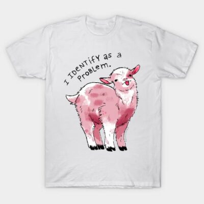 White t-shirt with pink goat graphic and humorous text, casual style, cotton fabric, unisex design.