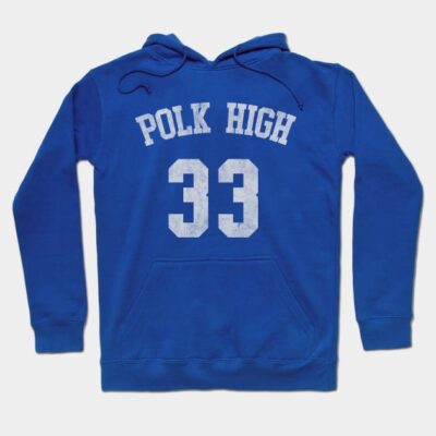Blue "Polk High 33" hoodie, cotton blend, athletic style, ideal for casual wear or sports activities.