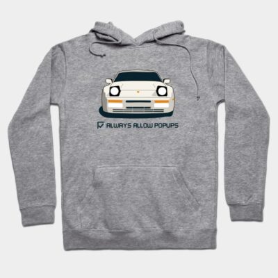 Gray hoodie with car graphic, "Always Allow Popups" text, casual wear, soft cotton blend, unisex style.