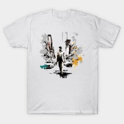 White urban graphic t-shirt with abstract city design, casual streetwear, 100% cotton, unisex style.