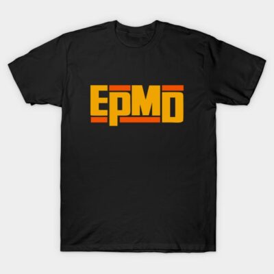 Black cotton t-shirt with bold EPMD logo in yellow and orange, casual streetwear style.