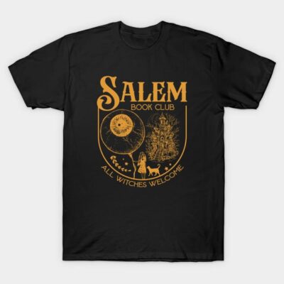 Black "Salem Book Club" t-shirt with vintage witch design, perfect for Halloween or casual wear. Cotton material.