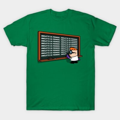 Green graphic t-shirt with cartoon character in lab coat writing on chalkboard, casual wear, cotton fabric.