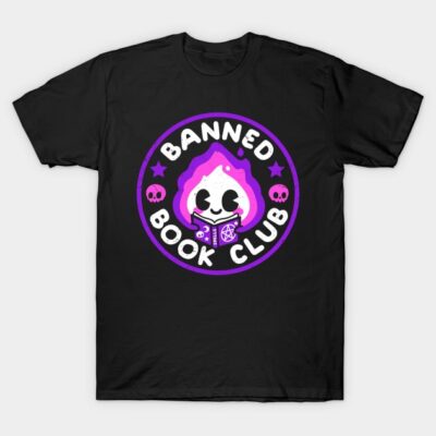 Black "Banned Book Club" T-shirt with colorful skull design, casual wear, soft cotton material, unisex style.