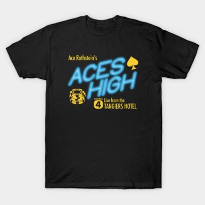 Black T-shirt with "Aces High" graphic in blue and yellow, featuring poker chips and spade design. Casual cotton wear.