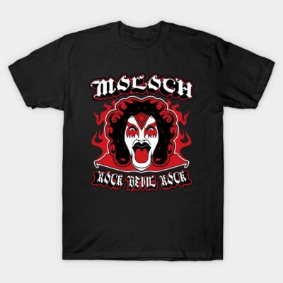 Black cotton t-shirt with bold graphic design featuring red and white rock-themed artwork.