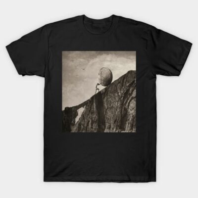 Black cotton T-shirt with Sisyphus artwork, featuring a vintage style illustration, perfect for casual wear.