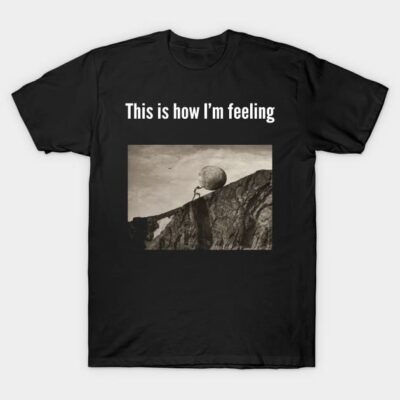 Black cotton t-shirt with "This is how I'm feeling" text and vintage artwork, casual wear, unisex style.