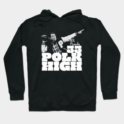 Black graphic hoodie, Polk High design, casual style, perfect for sports fans, soft cotton material.