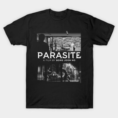 Black "Parasite" movie-themed t-shirt, featuring black and white film scenes, cotton material, casual wear.