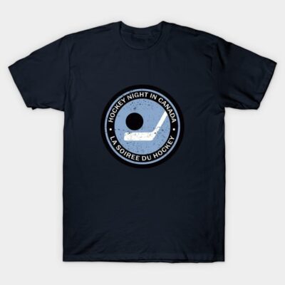 Navy blue t-shirt featuring a vintage hockey-themed graphic with text, perfect for sports fans and casual wear.