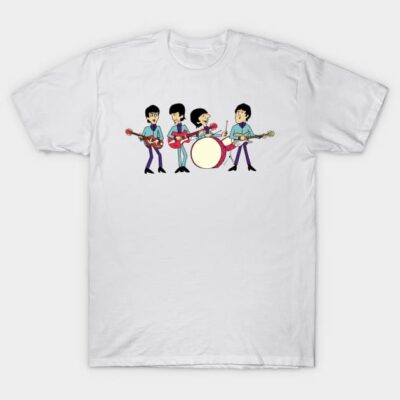 White cotton t-shirt featuring cartoon band graphic, casual wear, unisex style, perfect for music lovers.