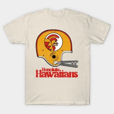 Cream t-shirt featuring a retro yellow football helmet design with "Honolulu Hawaiians" text, perfect for casual wear.
