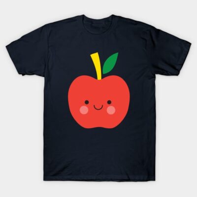 Black t-shirt with cute red apple graphic, casual style, cotton material, ideal for everyday wear.