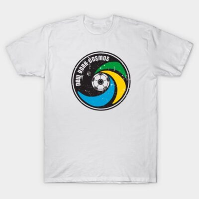 White cotton T-shirt with vintage New York Cosmos logo, featuring blue, green, and yellow design for soccer fans.