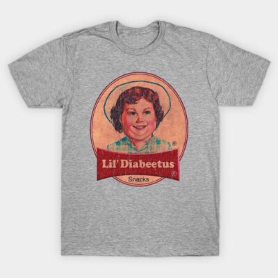 Gray vintage-style t-shirt with retro snack logo design, featuring a colorful graphic on the front.