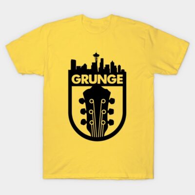 Yellow grunge T-shirt with guitar and skyline graphic, casual style, 100% cotton, suitable for music enthusiasts.