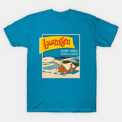 Turquoise t-shirt with retro colored pencil graphic design, casual style, soft cotton material.