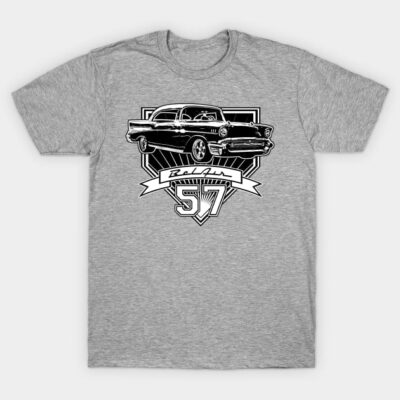Gray vintage car graphic tee, classic style, featuring "Bel Air 57" design, perfect for casual wear.