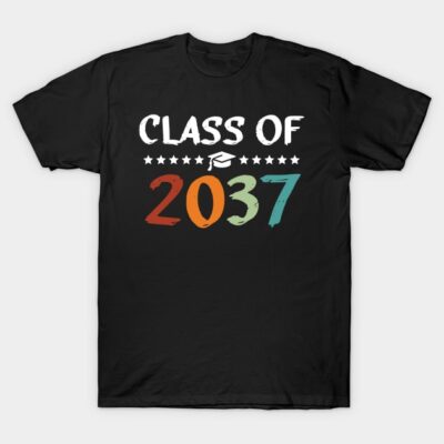Black "Class of 2037" graduation T-shirt with colorful text and stars, perfect for future graduates, cotton material.
