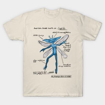 Cream t-shirt with blue abstract insect design, artistic style, cotton material, casual wear for everyday use.
