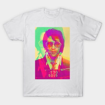 White graphic t-shirt with colorful vintage-style print, casual wear, 100% cotton, unisex design.