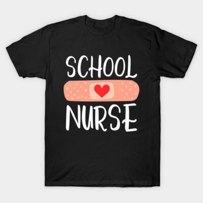 Black "School Nurse" T-shirt with heart bandage graphic, casual cotton design for medical professionals.