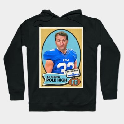 Black hoodie featuring vintage sports card design, blue jersey, retro style, casual wear, cotton blend material.