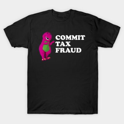 Black novelty t-shirt with purple dinosaur graphic and humorous white text, casual wear, cotton material.