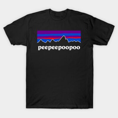 Black cotton graphic t-shirt with humorous text design, featuring blue and purple mountain stripes. Casual unisex style.