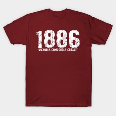 Burgundy t-shirt with "1886 Victoria Concordia Crescit" print, casual style, cotton material, unisex.