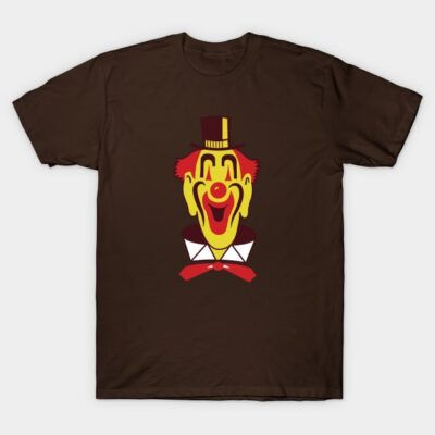 Brown t-shirt featuring a colorful clown graphic, casual style, ideal for everyday wear, made of soft cotton fabric.