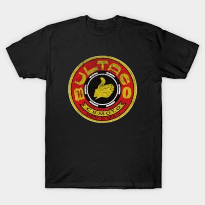 Black t-shirt with vintage Bultaco logo, featuring yellow and red design, ideal for casual wear. Cotton material.
