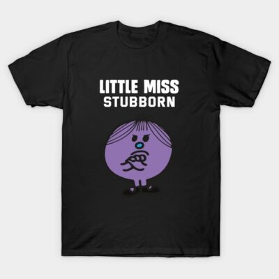 Black t-shirt with "Little Miss Stubborn" print, featuring a purple cartoon character. Casual wear, cotton material.