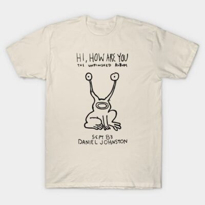 "White graphic tee with abstract design, 'Hi, How Are You' text, casual cotton T-shirt for everyday wear."