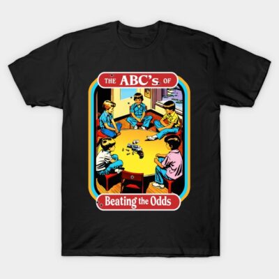 Black T-shirt with colorful graphic design, retro style, featuring kids around a table, playful and casual wear.