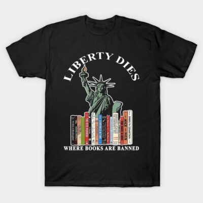 Black t-shirt with "Liberty Dies" graphic, featuring Statue of Liberty and books, cotton material, casual wear.