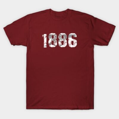 Maroon t-shirt with "1886" in distressed white print, casual style, cotton material, perfect for everyday wear.