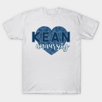 White cotton t-shirt with blue heart and "Kean University" text, casual style, ideal for everyday wear.