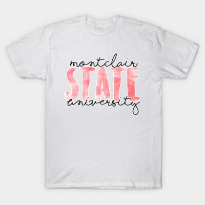 White cotton t-shirt with "Montclair State University" design in red and black script, casual unisex style.