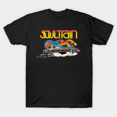 Black graphic T-shirt with vibrant retro train design and "Soul Train" text. Casual, comfortable cotton material.
