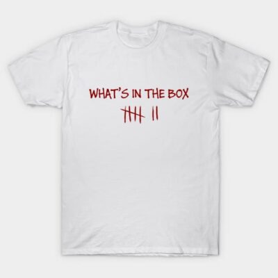 White cotton t-shirt with "What's in the Box" red text and tally marks, casual wear, unisex design.