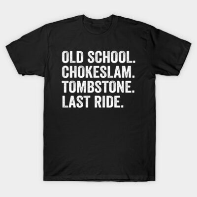 Black t-shirt with bold white text listing wrestling moves, casual style, cotton material, ideal for fans and everyday wear.