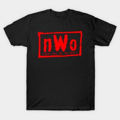 Black t-shirt with red "nWo" logo, casual unisex style, cotton material, suitable for everyday wear.