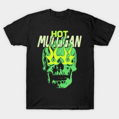 Black t-shirt with neon green flaming skull graphic and bold text, perfect for casual wear.