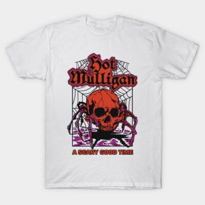 White graphic t-shirt with red skull and spider design, "A Scary Good Time" text, casual cotton wear for Halloween.