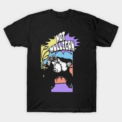 Black graphic t-shirt with colorful abstract design and bold text, made of soft cotton for casual wear.